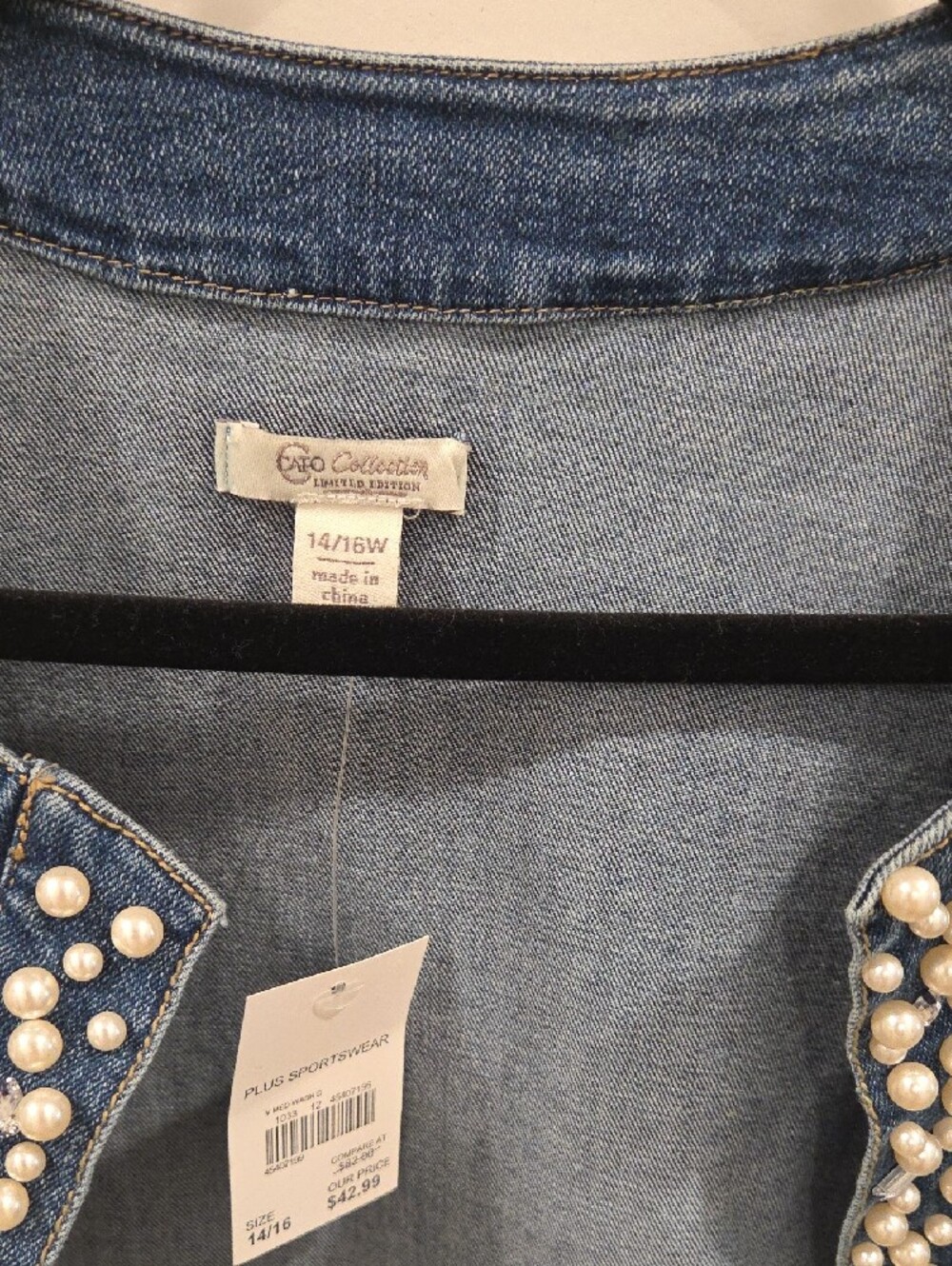 Cato Dark Blue Denim Jacket with Pearl & Gem Trim - Picture 2 of 5